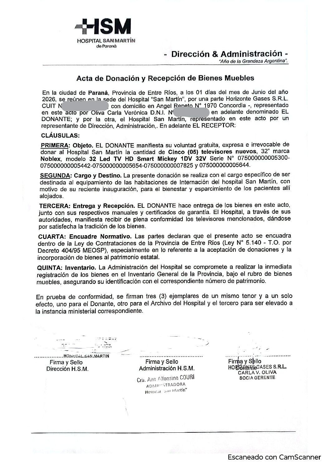 Donación al Hospital San Martín de Paraná.